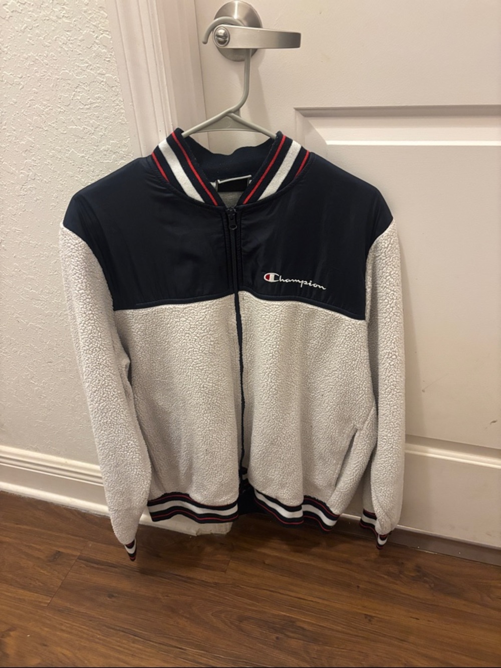 Champion White and Navy Sherpa Bomber Jacket with Red Trim